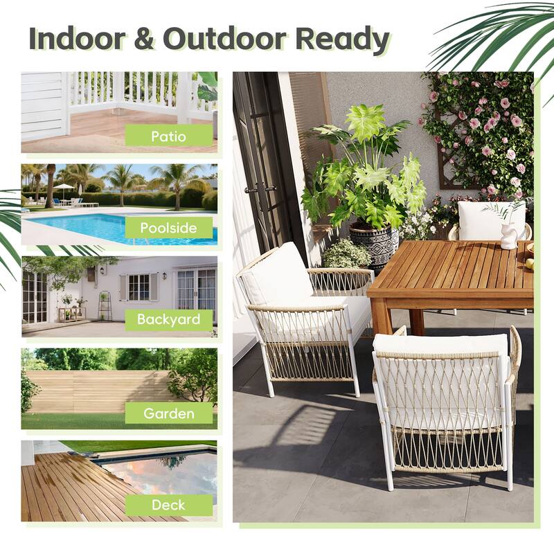 Roomfitters 5-Piece Patio Dining Table Set, Modern Outdoor Furniture with 4 Rope Armchairs and Cushions, Natural