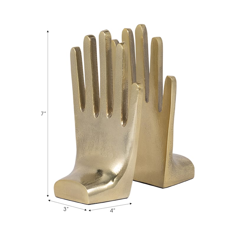 Decorative Metal Hand Bookends for Bookshelf Decor - 7", Gold - 7.0"