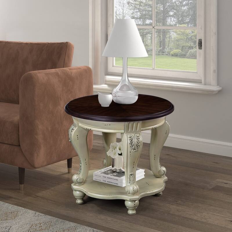 22 Inch Round End Table with Shelf - Antique White