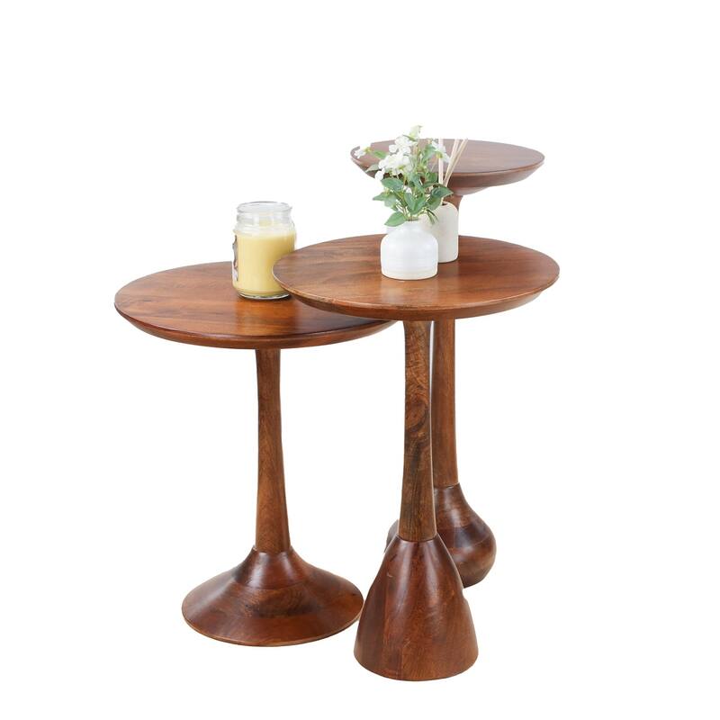 Set of 3 Round Accent Tables with Mango Wood Tops and Pedestal Bases