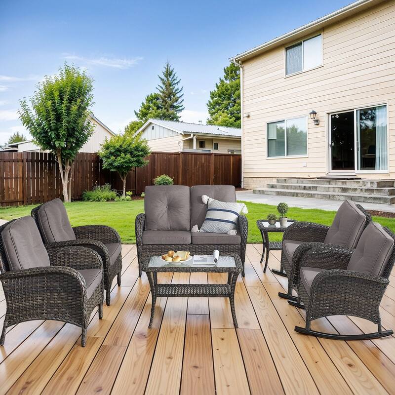 Pocassy Outdoor Loveseat Sofa with Table Funiture Set - Brown Wicker Grey Cushion - 7PCS Loveseat Sofa with Chairs Table Set