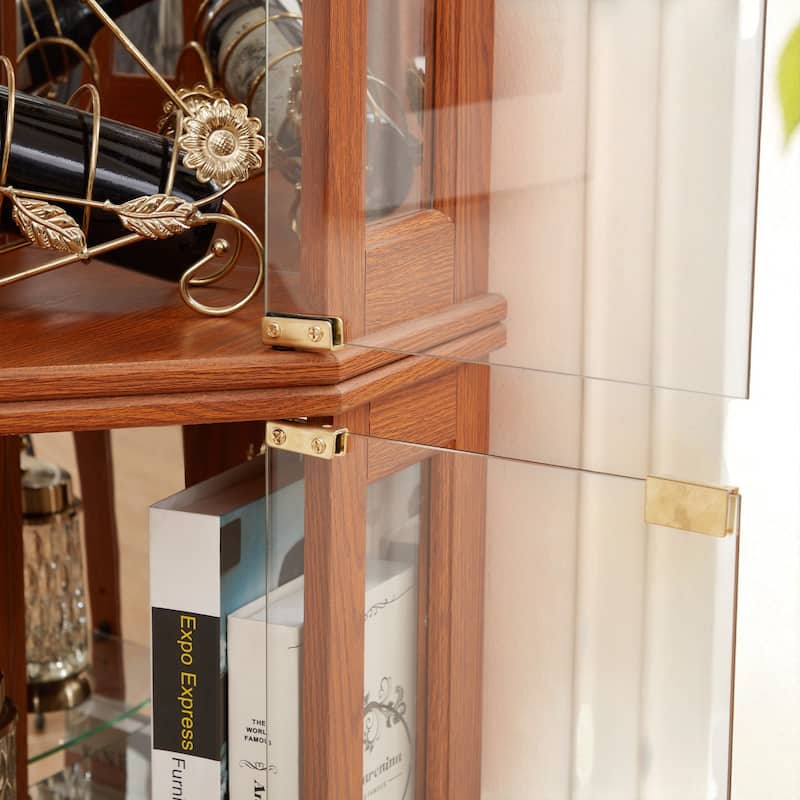 Lighted Corner Curio Cabinet with Glass Doors, Adjustable Shelves & Mirrored Back, Elegant Display Case for Collectibles