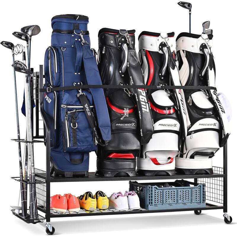 4 Golf Bag Storage Rack Rolling Garage Stand for Clubs and Accessories