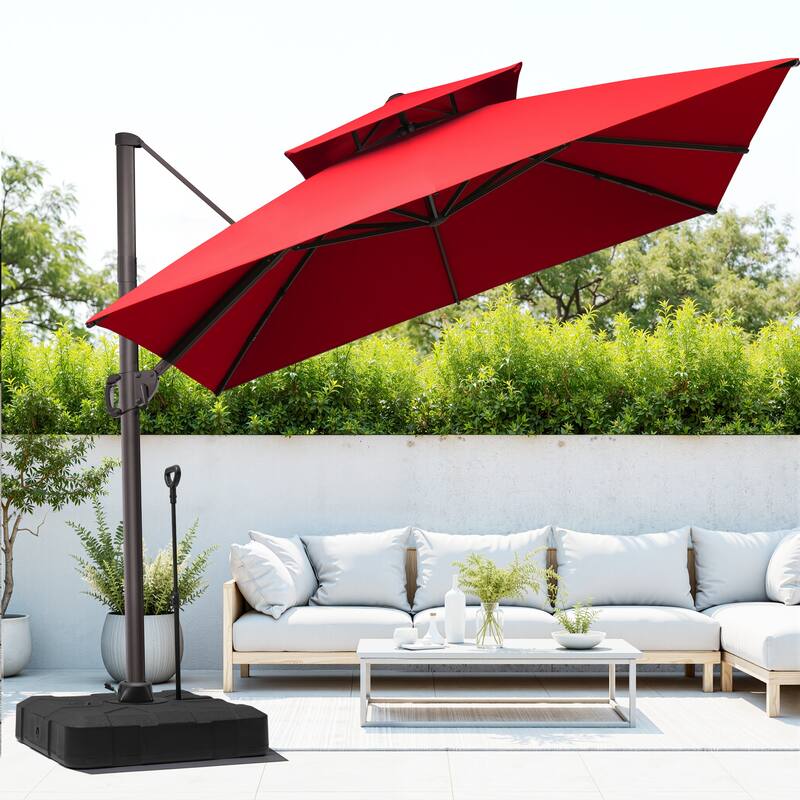 Outdoor 10FT Square Patio Cantilever-Offset Umbrella with Base - Red