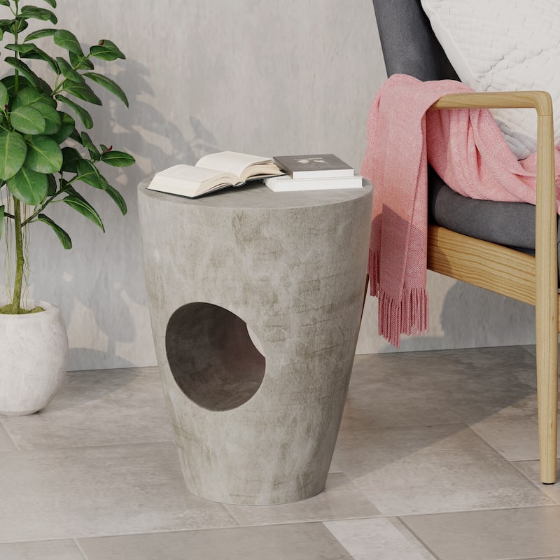 Roomfitters Sirius Concrete Side Table, Modern Round Outdoor Accent Table with Cutout Design, Grey - Gray