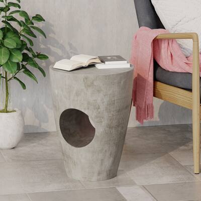 Roomfitters Sirius Concrete Side Table, Modern Round Outdoor Accent Table with Cutout Design, Grey - Gray