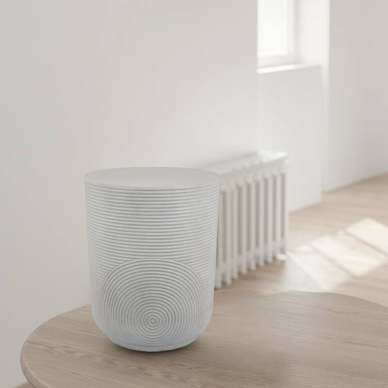 Plant Stand Table, Carved Detail Patterns, White Resin, Round 18 Inch