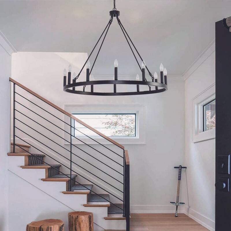 12 Lights Wagon Wheel Chandelier Black Rustic Farmhouse Chandelier - 38IN