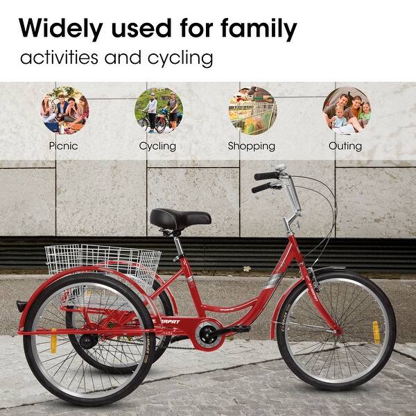 Tricycle Adulte 24 Pouces 3 Roues - 6 Vitesses - Panier Shopping - Occasion à Réviser - Rouge - Capacité 120 Kg