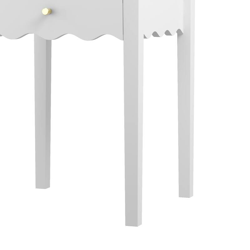 White Nightstand with Drawer, Modern Bedside Table with Wavy Apron Design, Compact End Table, Small Side Table with Storage