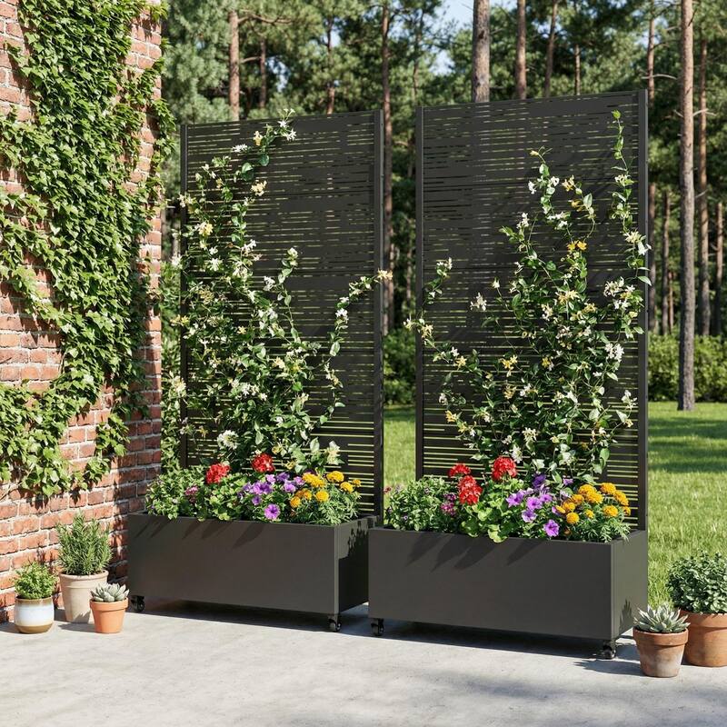 Metal Galvanized Planter Box with Trellis Privacy Screen Lockable Wheels Set of 2 - 72"x35"