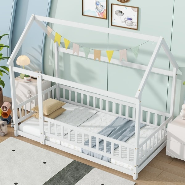 slide 2 of 129, Wood Toddler House Bed with Roof Frame and Safety Guardrails Montessori Floor Bed without Slats No Door Houseshaped Platform Bed White - Twin