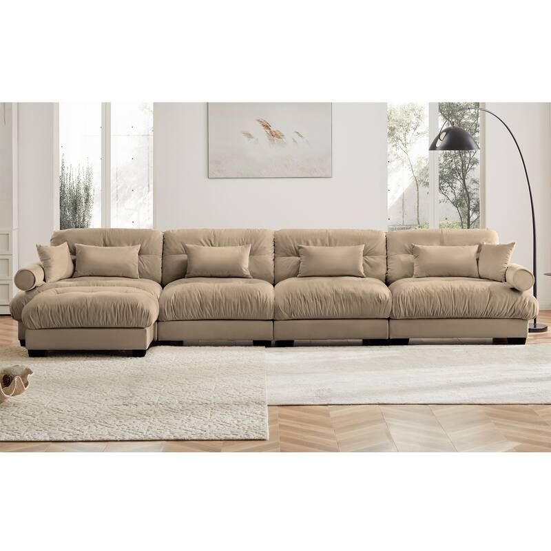 Modern Sectional Couch Comfortable Upholstered Sofa Set with Lumbar Pillow and Throw Pillow for Living Room - 4 Seats + 1 Ottoman - Camel
