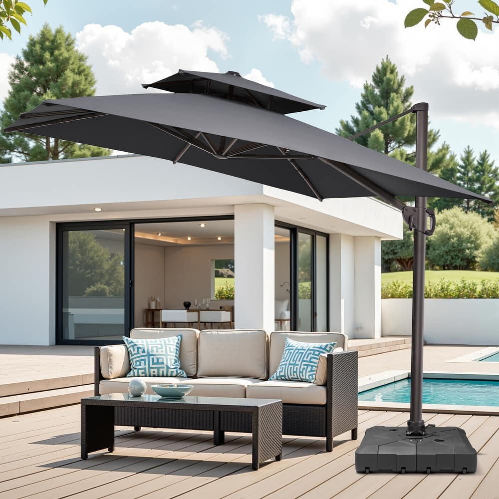 Pellebant 10 ft Square Patio Cantilever-Offset Umbrella 360 Degree Rotation with Wheel Base