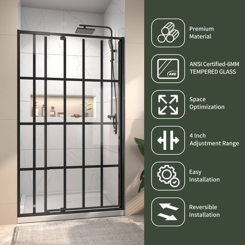Modland 42" / 48" x 71''H Grid-pattern Pivot Shower Door - Silent Seal, Textured Glass, 4" Adjustable Frame
