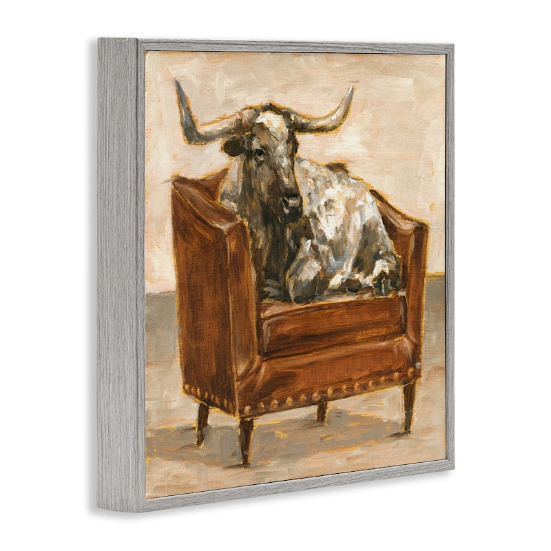 Stupell Brown Bull Resting in Orange Brown Chair Painting Framed Wall Art