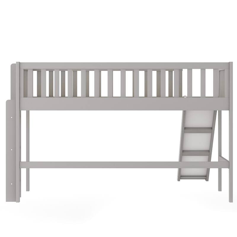 Gray Twin Low Loft Bed with Removable Slide and Space-Saving Ladder