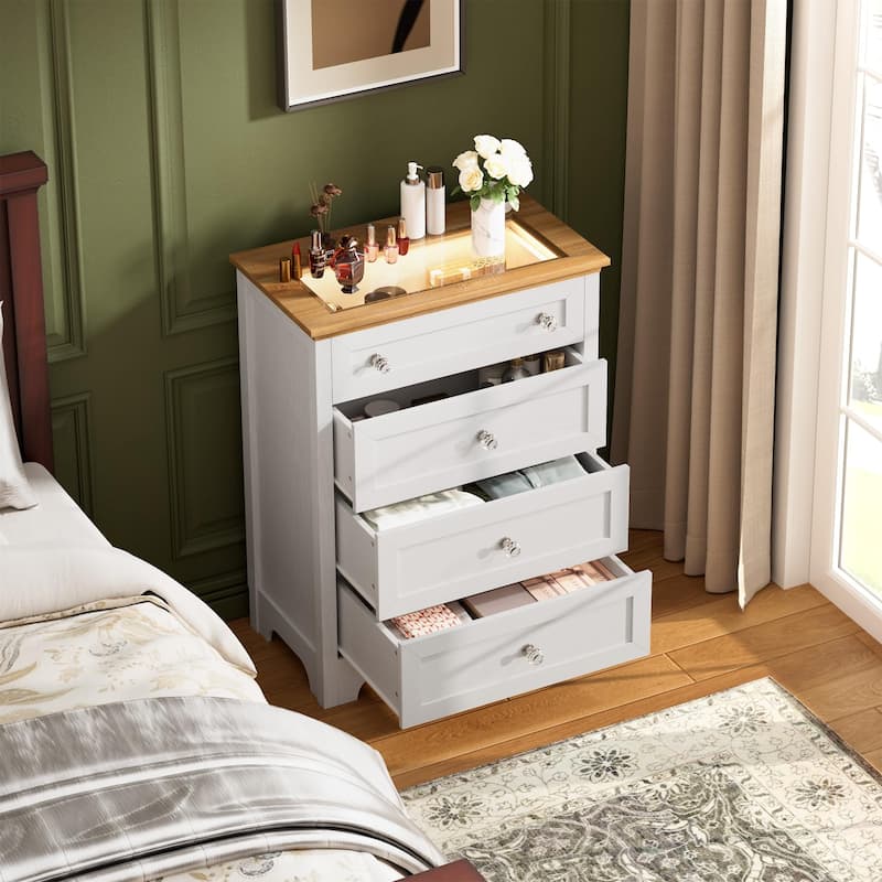 White 4-Drawer Dresser with LED Light, Nightstand Cabinet with Glass Top and Night Light