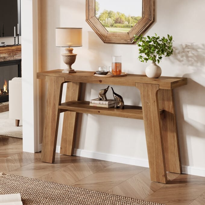 47'' Rustic Solid Wood Console Table, Small Entryway Table with Shelf