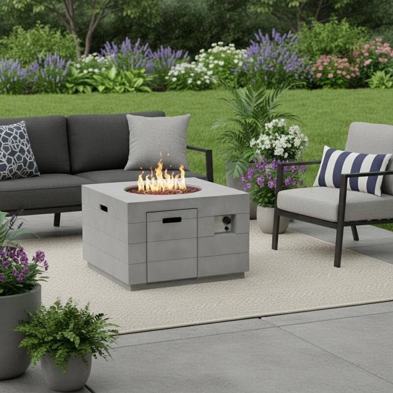50000 BTU 35" Gray Aluminum Natural Gas Square Fire Pit Table With Cover - Gray - Natural Gas