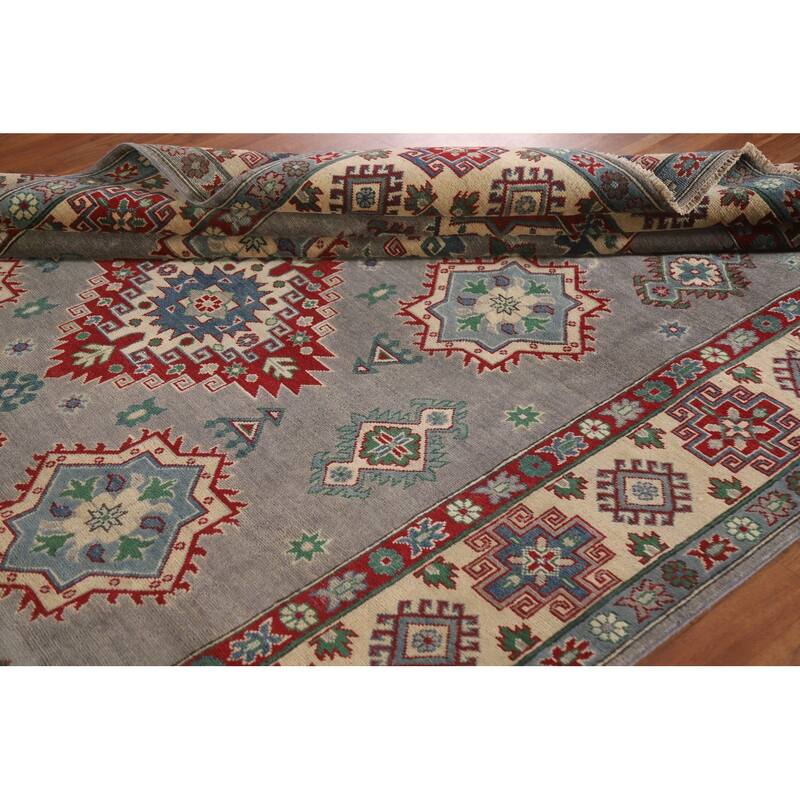 Gray Geometric Kazak Oriental Area Rug Hand-Knotted Wool Carpet - 6'10"x 9'11"