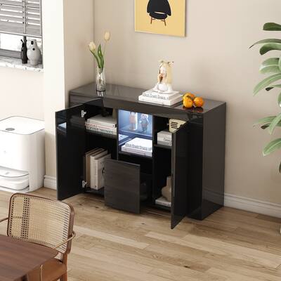 Black 45" Modern TV Stand with LED, Drawer & Doors for Living Room