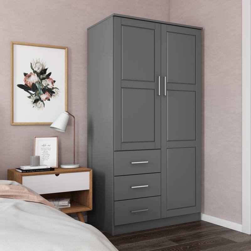 Palace Imports 100% Solid Wood Metro Wardrobe Armoire with Solid Wood or Mirrored Doors - Gray-Raised Panel
