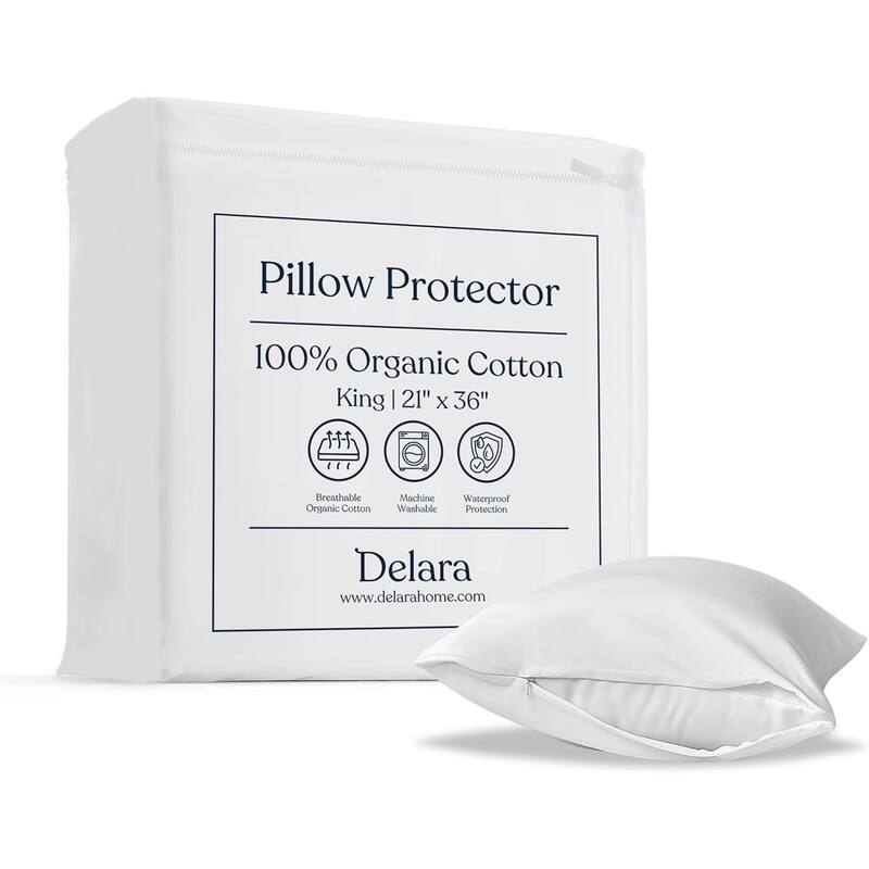 Delara GOTS Certified 100% Organic Cotton Pillow Protector Pack of 2, 300 Thread Count, Long Staple Cotton, Ultra Soft & Smooth - King