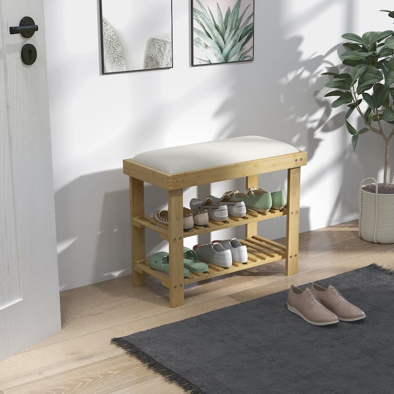 Wicker Two-Tier Storage Shoe Bench with Linen Cushion and Entryway Seating for Home and Hallway - 23.6" W x 11.4" D x 19.3" H