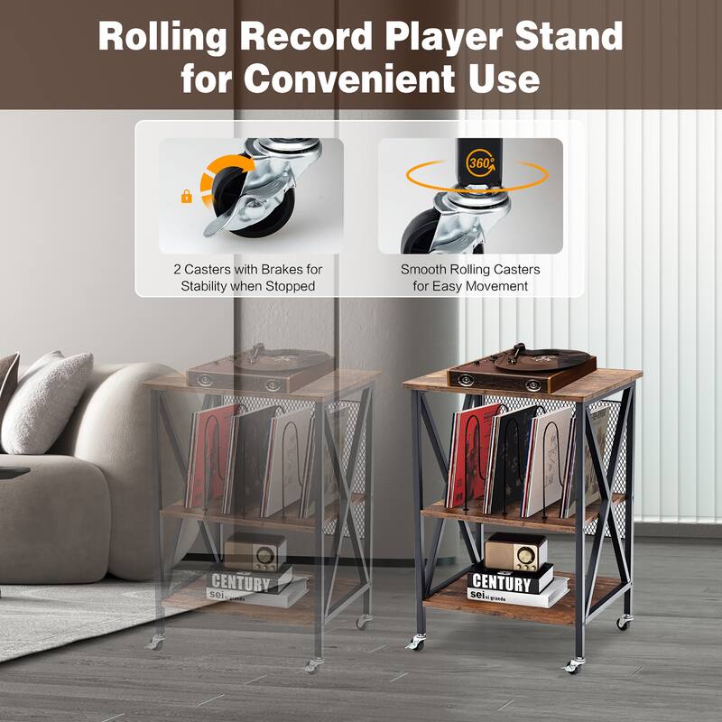 Costway 3-tier Rolling Turntable Stand Vinyl Record Storage Shelf with - See Details