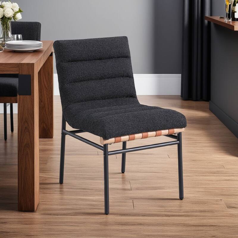 Kive Dining Chair Set of 2, Iron Legs, Black Channel Tufted Boucle