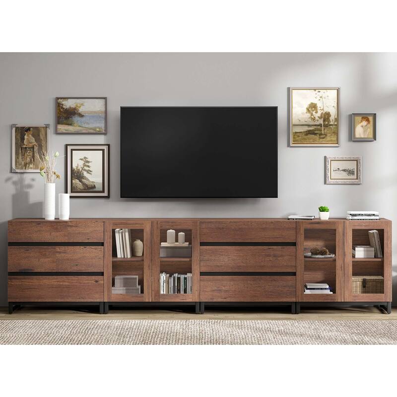 4 in 1 TV Stand for 120" TVs, Console with Glass Doors & 6 Drawers, Entertainment Center