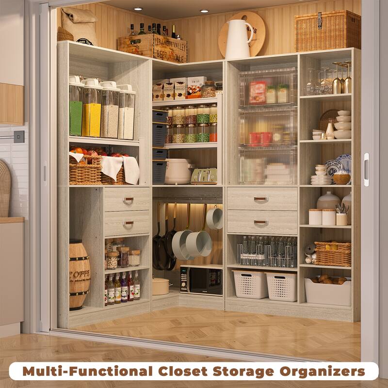 Rackcog Freestanding Closet Organizer with Hanging Rod, Closet System Wardrobe with Wood Drawers
