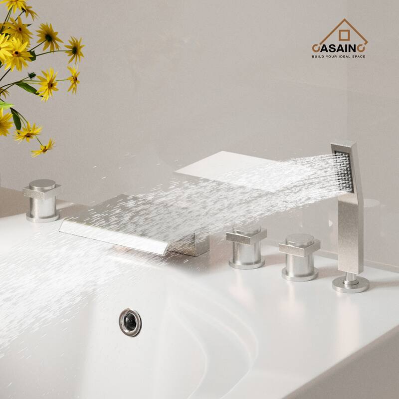3-Handle Deck-Mount Bathtub Faucet Waterfall Roman Tub Faucet with Hand Shower