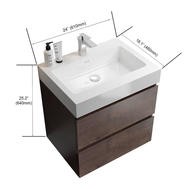 Floating Bathroom Vanity with Rosewood Finish, Glossy White Basin, Silent Soft-Closing Drawers - 24in L Melamine