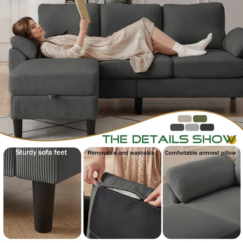 3 Pieces Corduroy Living Room Set with Sectional Sofa, Ottoman and Chair