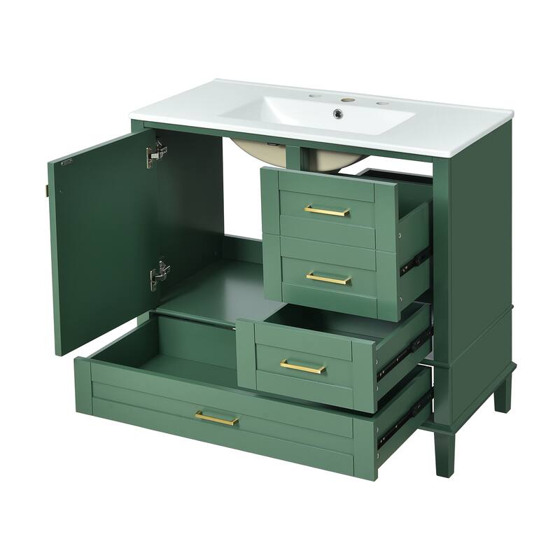 Simple Freestanding Bathroom Vanity Storage Cabinet with 3 Drawers of Different Sizes, Soft Close Door and Metal Handles