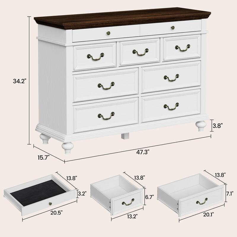 Farmhouse 9 Drawers Dresser for Bedroom, 47" Wide Wood Rustic Chest of 9 Drawers with Metal Handles, Vintage Design - White+brown