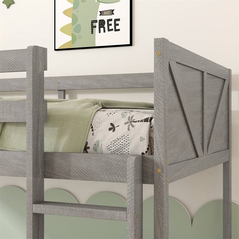 Twin over Twin Floor Bunk Bed w/ Headboard,Footboard,Safety Guardrails