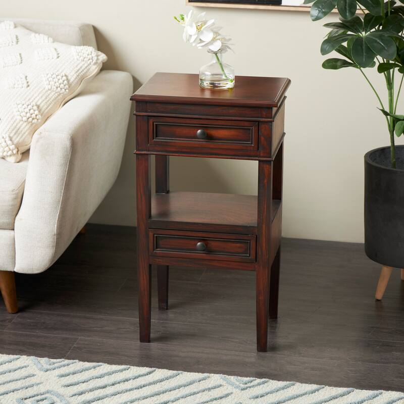 Contemporary Wood 2 Drawers and 1 Shelf Accent Table - Light Brown, White, Brown - Brown
