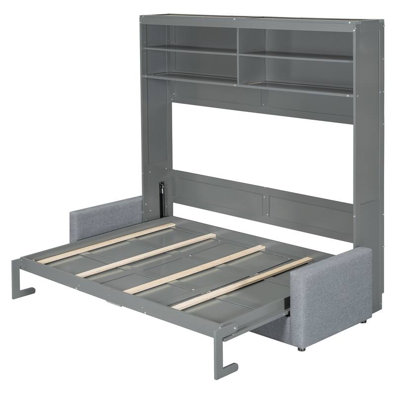 Queen Size Wall Bed with Sofa in Gray, Space-Saving Murphy Bed Design