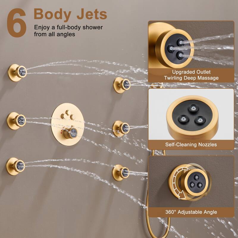 CASAINC 3-function Luxury Thermostatic Dual Shower Faucet Shower System with 6 Body Spray Jets