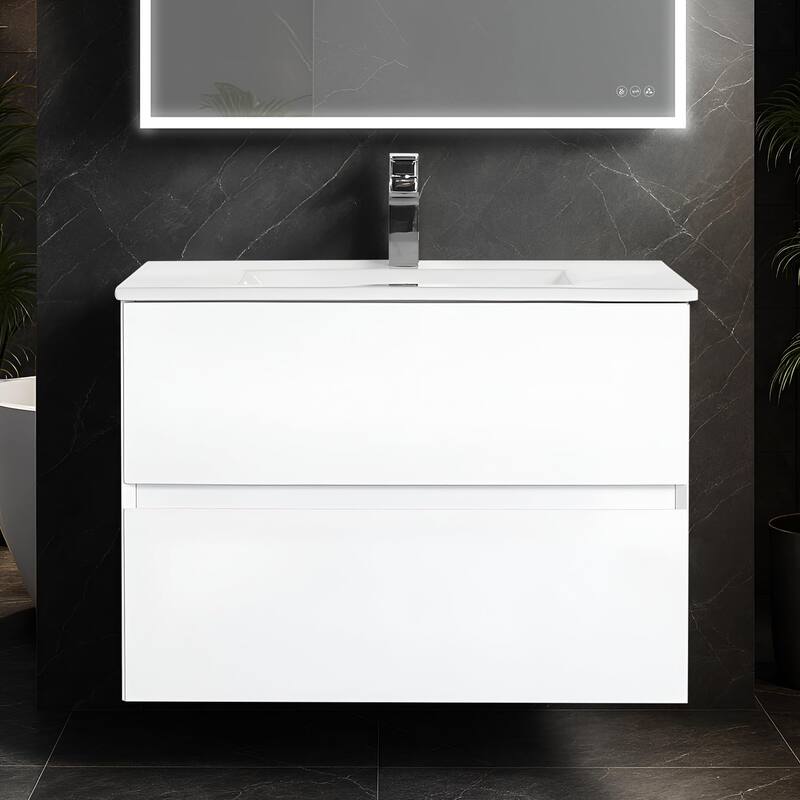Blossom 30 Inch All Wood Wall Mounted Floating Bathroom Vanity with Sink - Glossy White - 30" Ceramic Sink