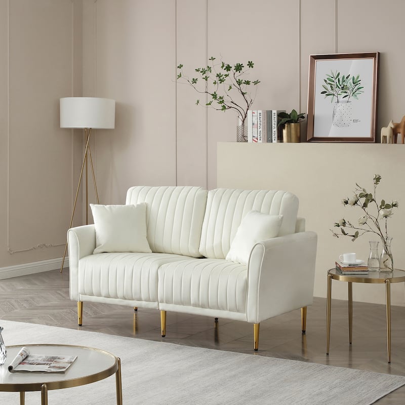 White Loveseat Sofa Couch with Pillows and Metal Legs Velvet