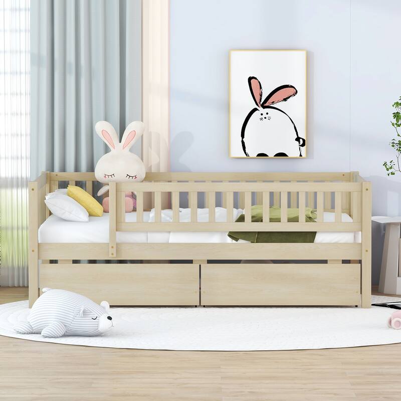 Pinewood Daybed Dual-Use Sofa Daybed with 2 Drawers, Solid Guardrail - Natural - Twin