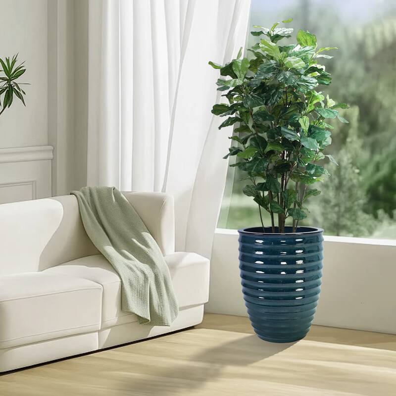 Handmade Ceramic Planter, 17 Inch Diameter, 1 Piece, Horizontal Ripples Pattern