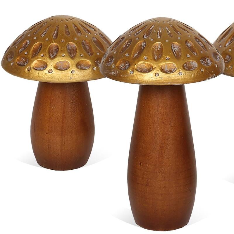 HomeRoots Set of Three Brown And Gold Wood Mushroom Tabletop Sculptures - 4.5' X '8' X '4.5