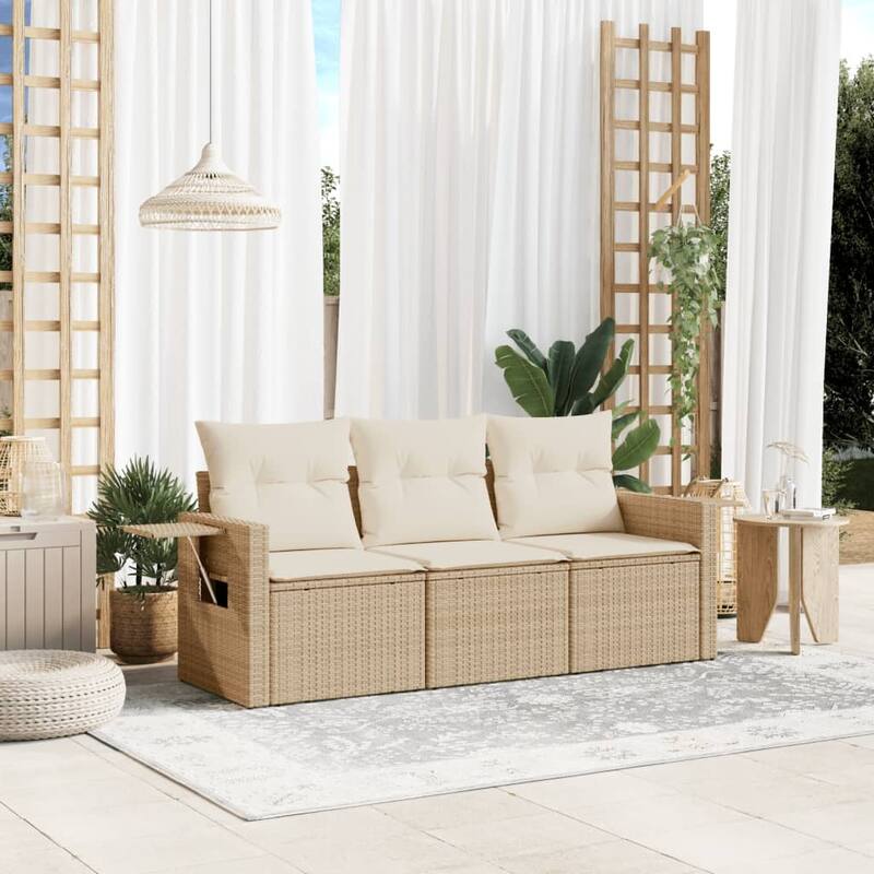 vidaXL Patio Sofa Set with Cushions Outdoor Furniture 3 Piece Poly Rattan - Beige - 24.4 x 33.5 x 27.2