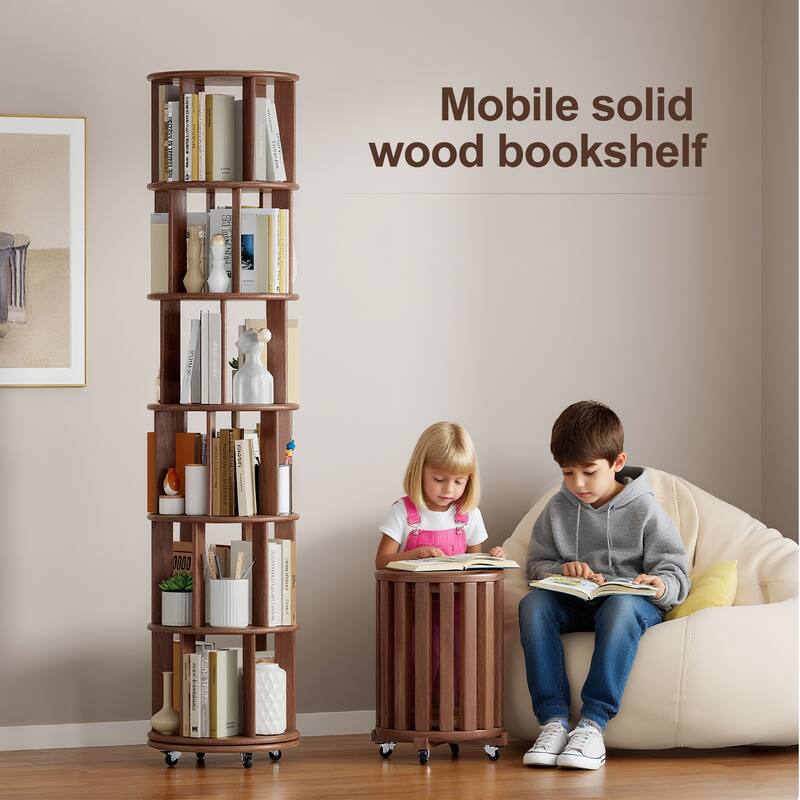 100%Solid Wood Rotating Bookshelf on Wheels, 6 Tier, Round Revolving Bookcase, 360°Spinning Book Shelf Tower, Narrow Bookshelves