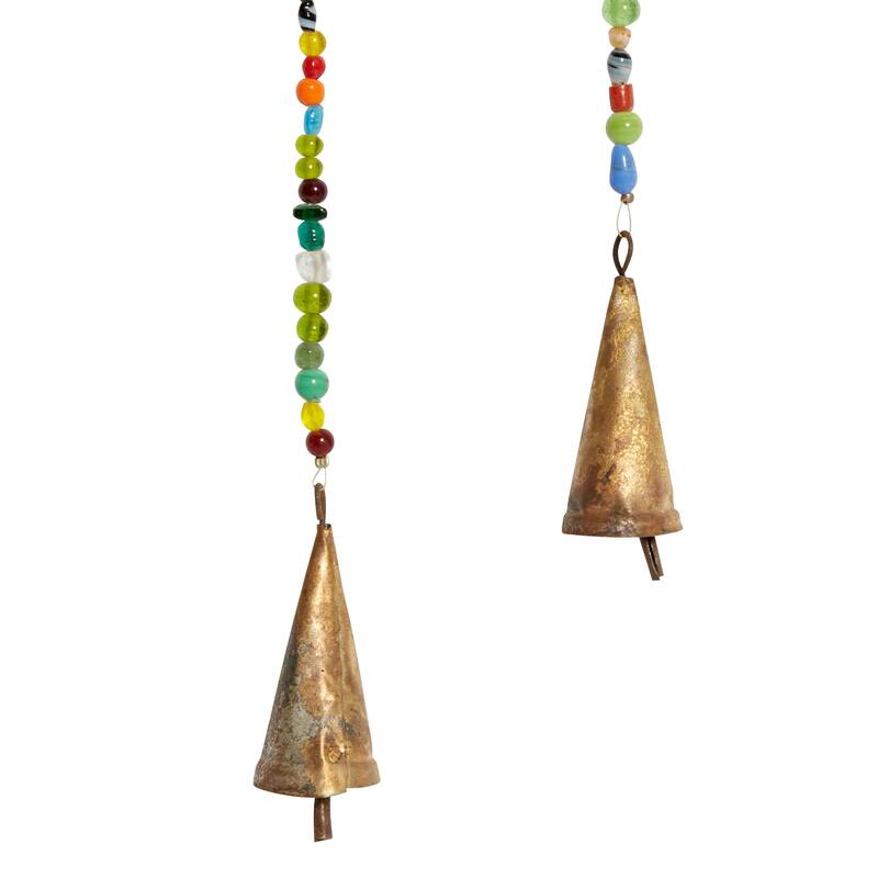 Mango Wood Floral Lotus Windchime with Glass Beads and Cone Bells - Gold - Roche River Decor